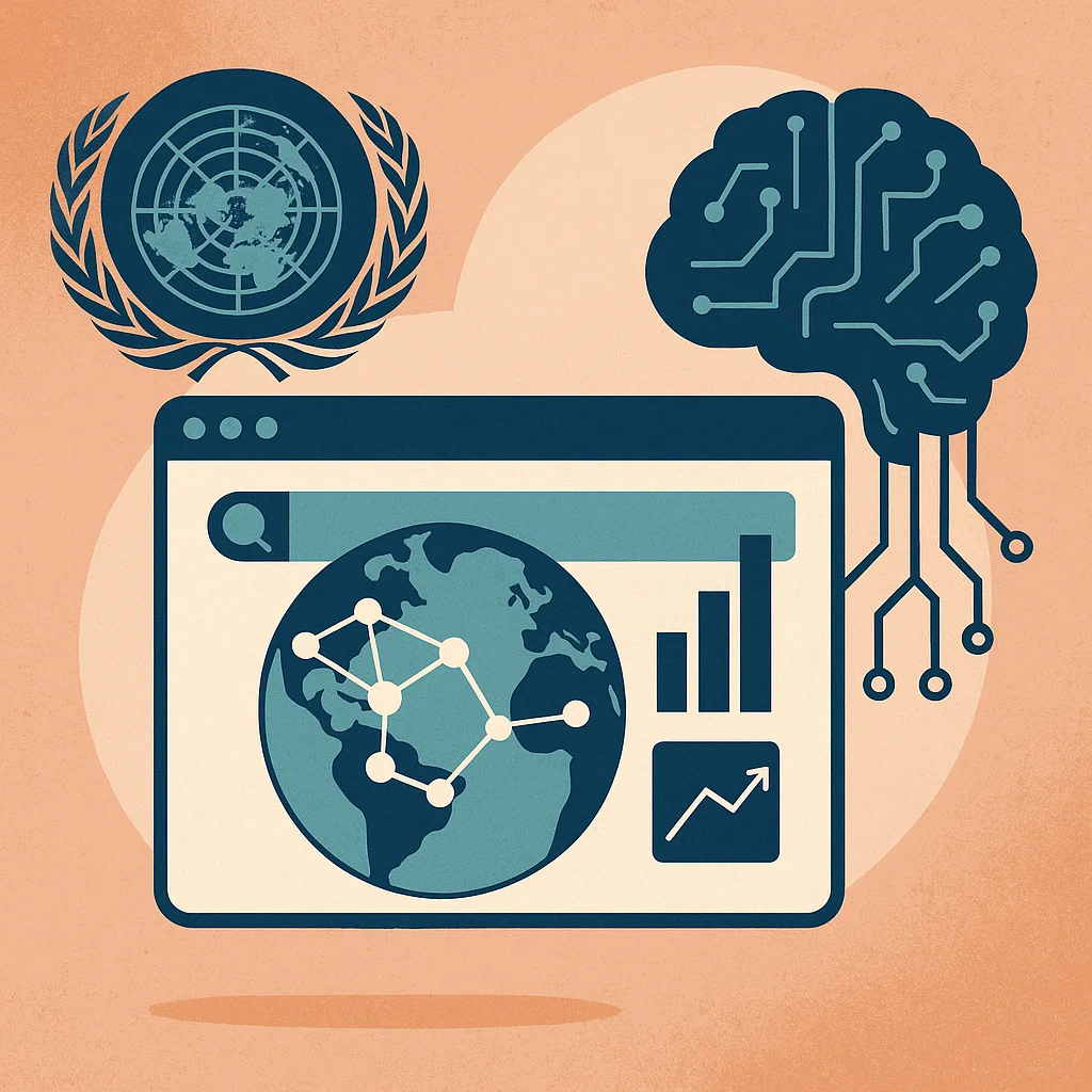 Editorial illustration: A stylized editorial illustration featuring the UN emblem, an AI circuit-brain, and a browser window displaying a networked globe with data charts, rendered in a flat navy-and-peach color palette.