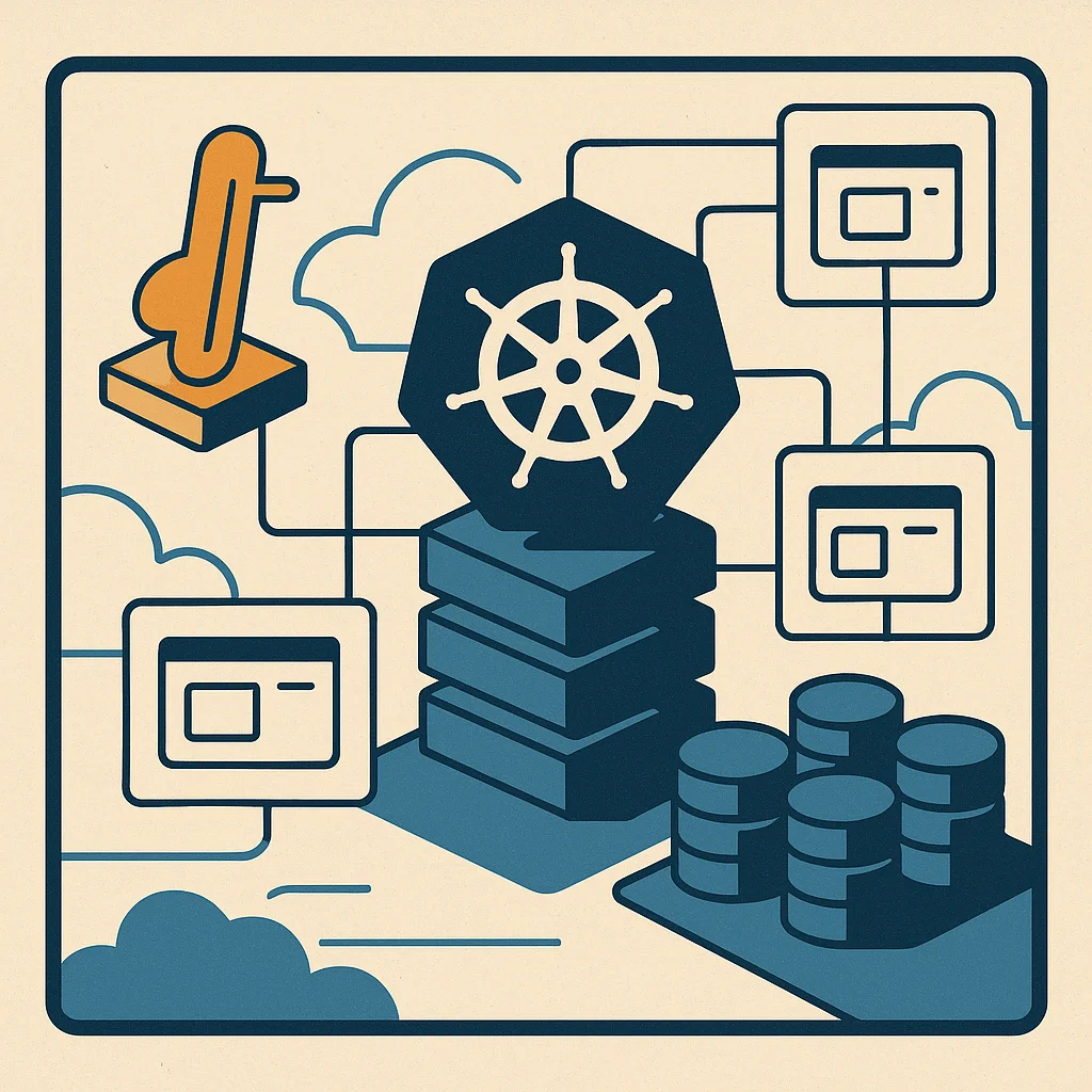 Editorial illustration: A flat isometric illustration showing a dark heptagonal Kubernetes helm icon mounted on a stacked server tower, connected via lines to three terminal/container node boxes and a group of database cylinders, with cloud shapes and a stamp icon in the background.