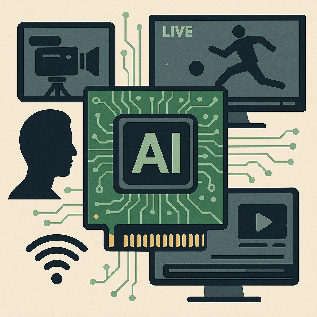 Editorial illustration: A flat-style illustration featuring a green AI processor chip at center connected by circuit board traces to multiple monitors showing live sports, video playback, and camera recording, alongside a human silhouette and WiFi symbol on a cream background.