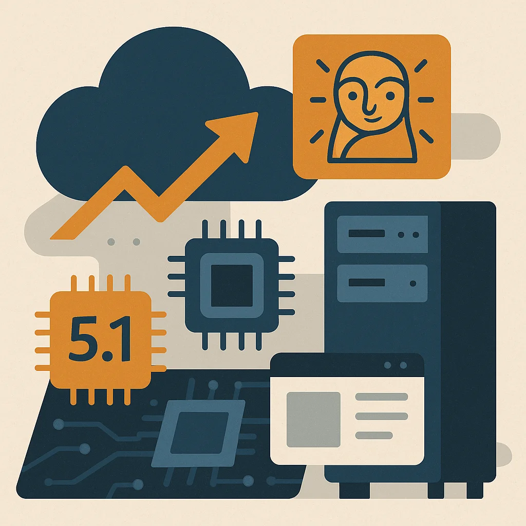 Editorial illustration: A flat editorial illustration featuring a dark cloud with an upward trending arrow, a face-recognition icon, multiple CPU chip icons including one labeled '5.1', a server tower, a circuit board, and a browser window, rendered in navy and amber tones.