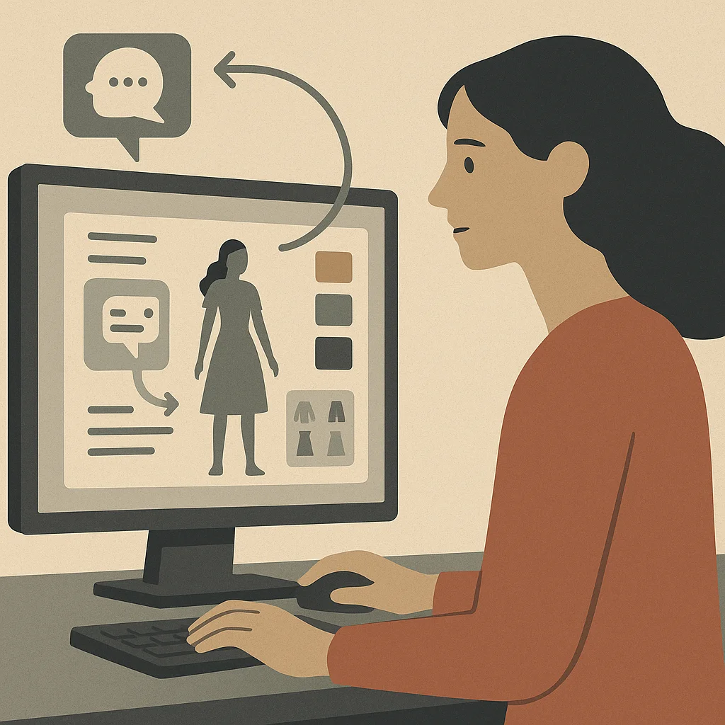 Editorial illustration: A woman sits at a computer viewing a screen showing a female silhouette with color swatches and clothing options, connected by arrows to a chat bubble icon representing AI-driven natural language interaction.