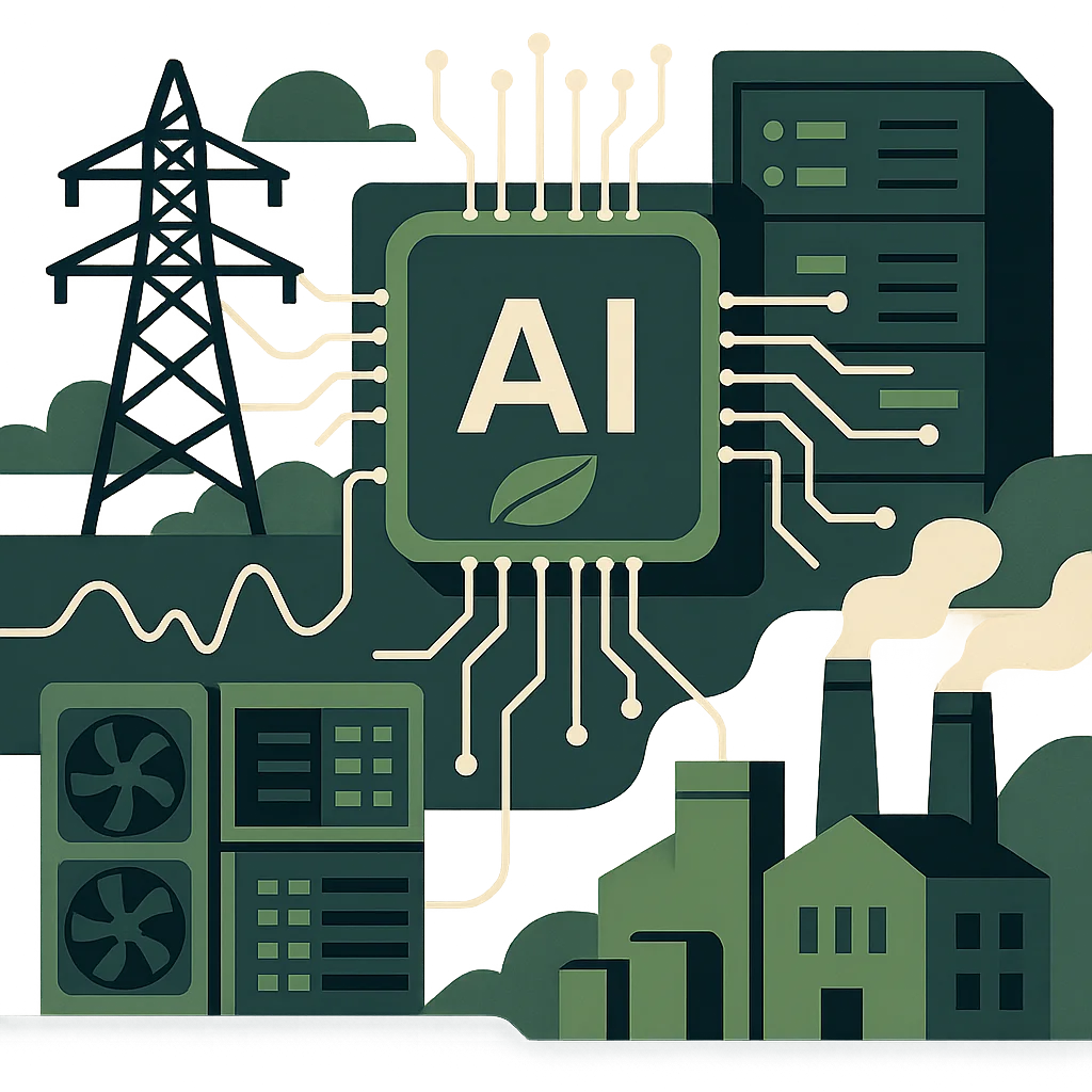 Editorial illustration: A flat-style editorial illustration centered on a green AI processor chip bearing a leaf icon, connected by circuit board traces to a power transmission tower on the left, server racks on the right, HVAC cooling units at lower left, and smoke-stack industrial buildings at lower right, all rendered in deep greens and cream on a white background.
