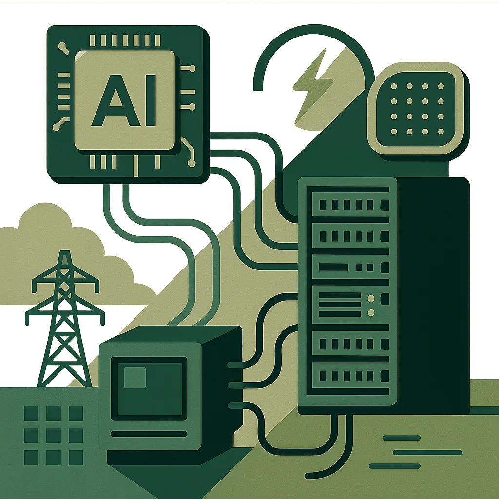 Editorial illustration: A flat two-tone green editorial illustration showing an AI processor chip in the upper left connected by flowing cables to a server rack tower, a lightning bolt power symbol, a grid transmission pylon, and a desktop computer terminal, all arranged in a purposeful infrastructure composition.