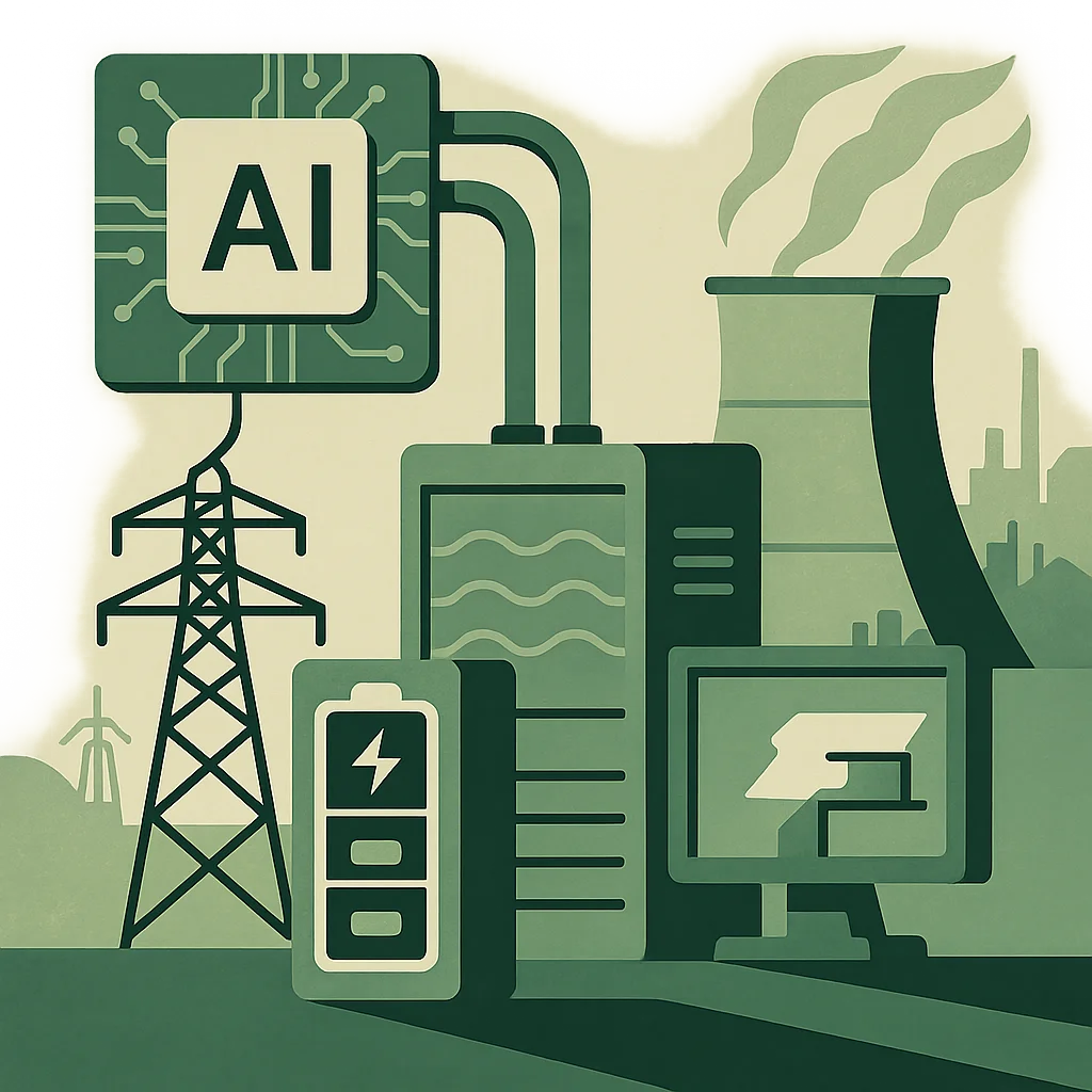 Editorial illustration: A flat editorial illustration in deep green and cream tones showing an AI processor chip in the upper left connected by thick cables to a central server rack tower, a large industrial cooling tower with steam plumes on the right, a battery storage unit with a lightning bolt icon at lower left, a power transmission pylon in the middle left, and a computer monitor displaying a power symbol at lower right.