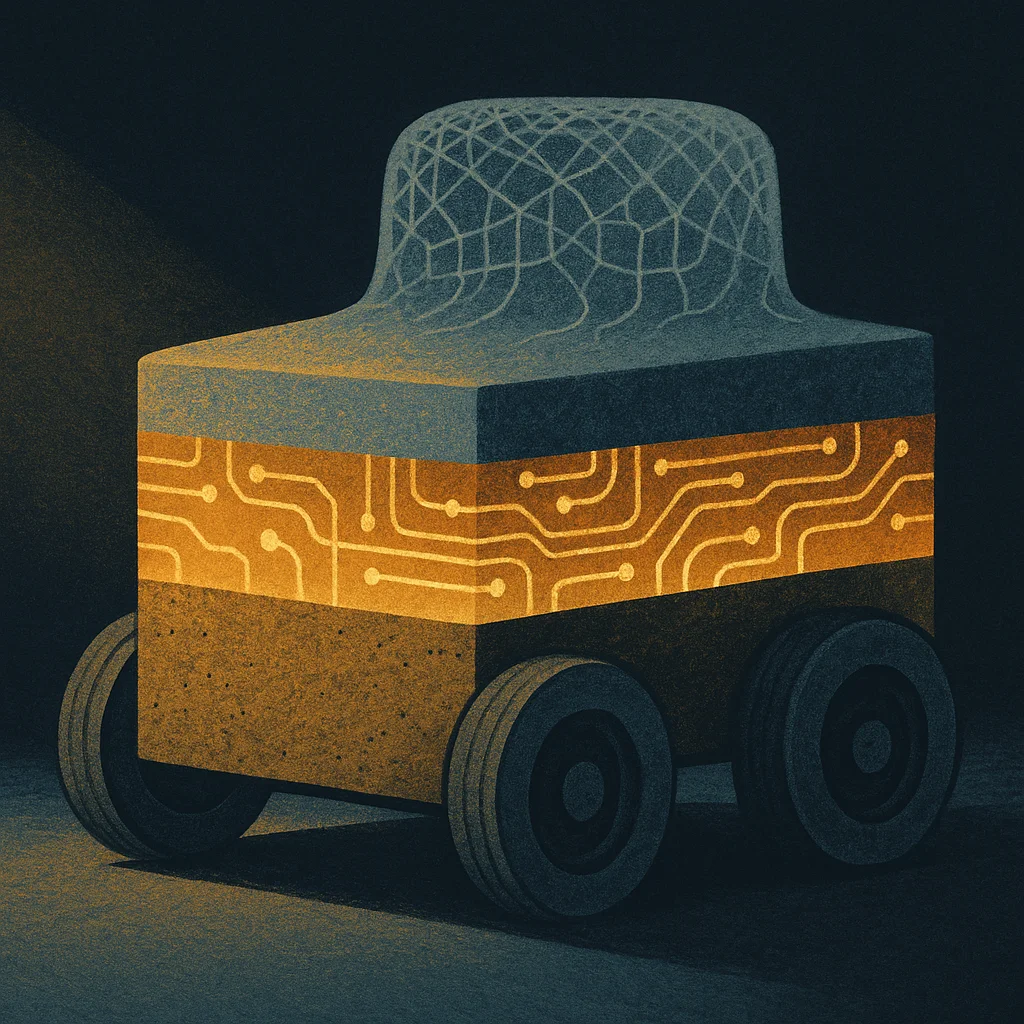 Editorial illustration: A stylized editorial illustration of a blocky autonomous vehicle rendered in dark teal and amber, with a glowing circuit board band around its midsection and a translucent wireframe neural mesh rising from its roof, set against a dark background.
