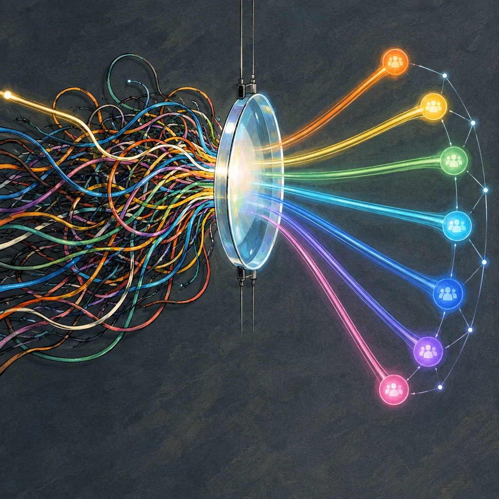 Editorial illustration: A stylized editorial illustration showing a dense tangle of multicolored cables on the left passing through a suspended glass lens at center, which refracts them into seven distinct glowing beams in spectral colors that fan outward to the right, each terminating in a circular node bearing a white group-of-people icon, with the nodes connected by a thin dotted arc suggesting a collaborative network, set against a dark slate background.