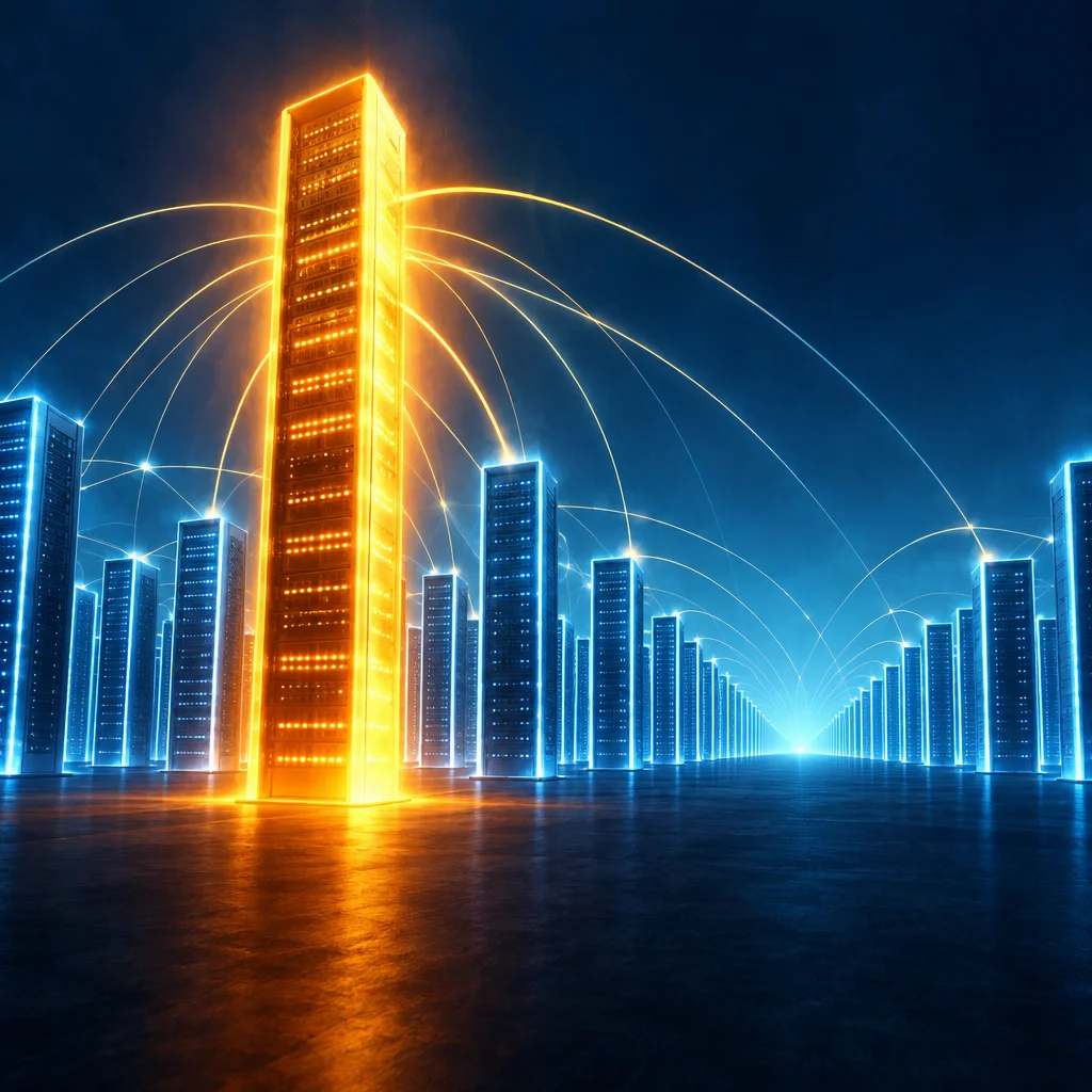 Editorial illustration: A tall amber-glowing server rack tower stands at center, with golden arc connection lines radiating outward to rows of smaller blue-glowing server towers stretching into a deep blue horizon, all reflected on a dark floor.