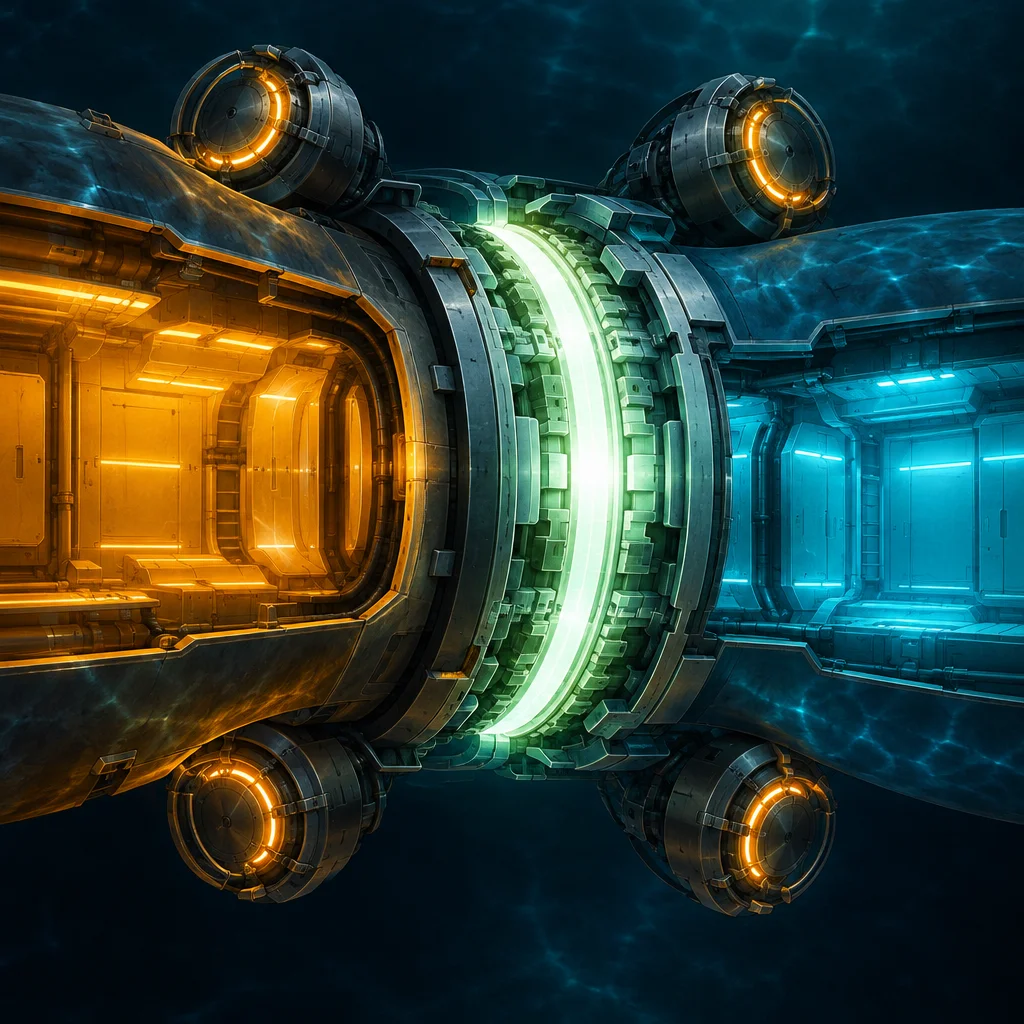 Editorial illustration: A highly stylized 3D illustration of two sci-fi spacecraft modules docking in deep water or space, the left module glowing in warm amber with orange-ringed thrusters and an illuminated interior corridor, connected at center by a luminous green-and-white segmented coupling ring, to a right module bathed in cool cyan light with its own corridor and orange-ringed thrusters, all rendered against a dark teal background.