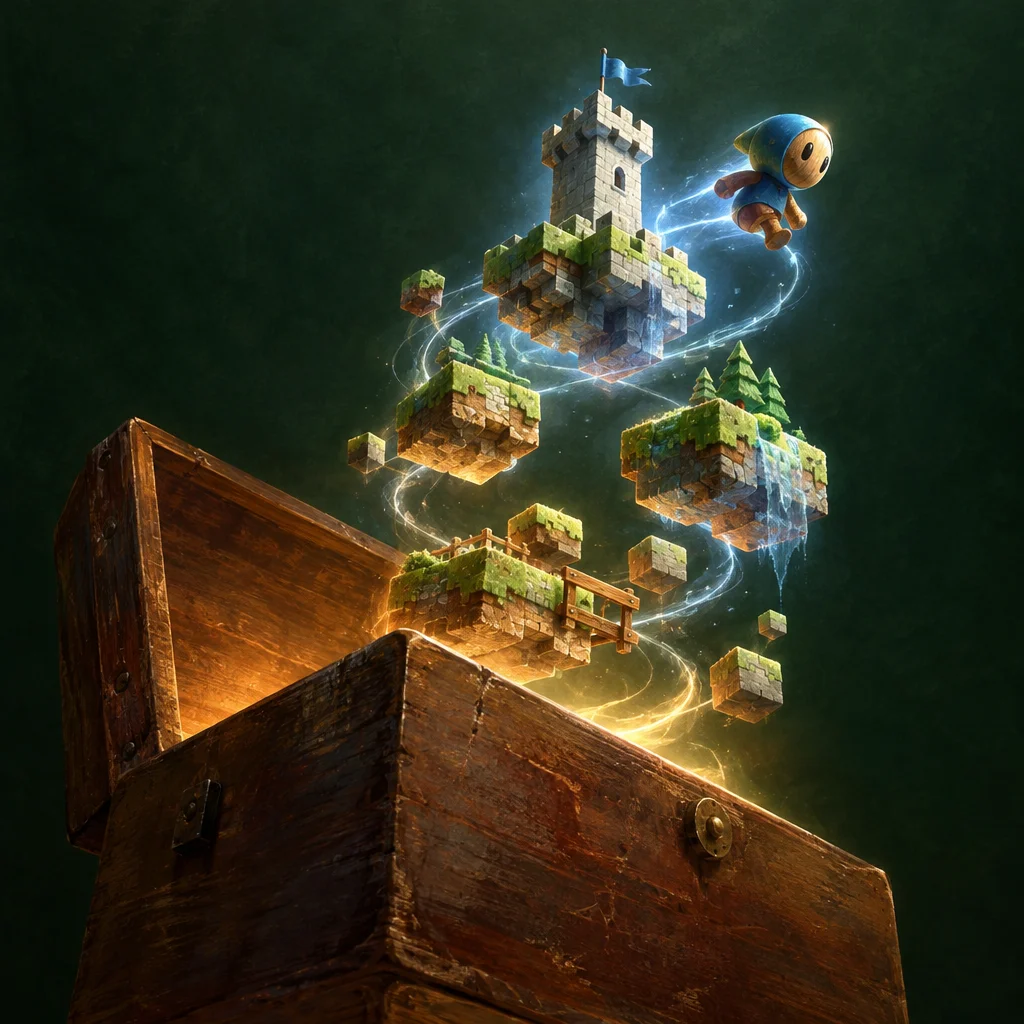 Editorial illustration: A stylized editorial illustration of an open wooden treasure chest emitting golden light and glowing energy spirals from which rise floating voxel terrain chunks, pine trees, a waterfall island, a stone castle tower with a blue flag, and a small blue-hooded cartoon character, all set against a dark green background.