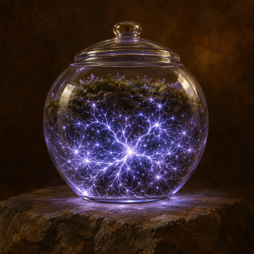 Editorial illustration: A round lidded glass jar sits on a rough stone surface against a dark brown background, its interior filled with branching blue-white lightning network patterns spreading across a dark rocky substrate topped with green moss and small purple flowers.