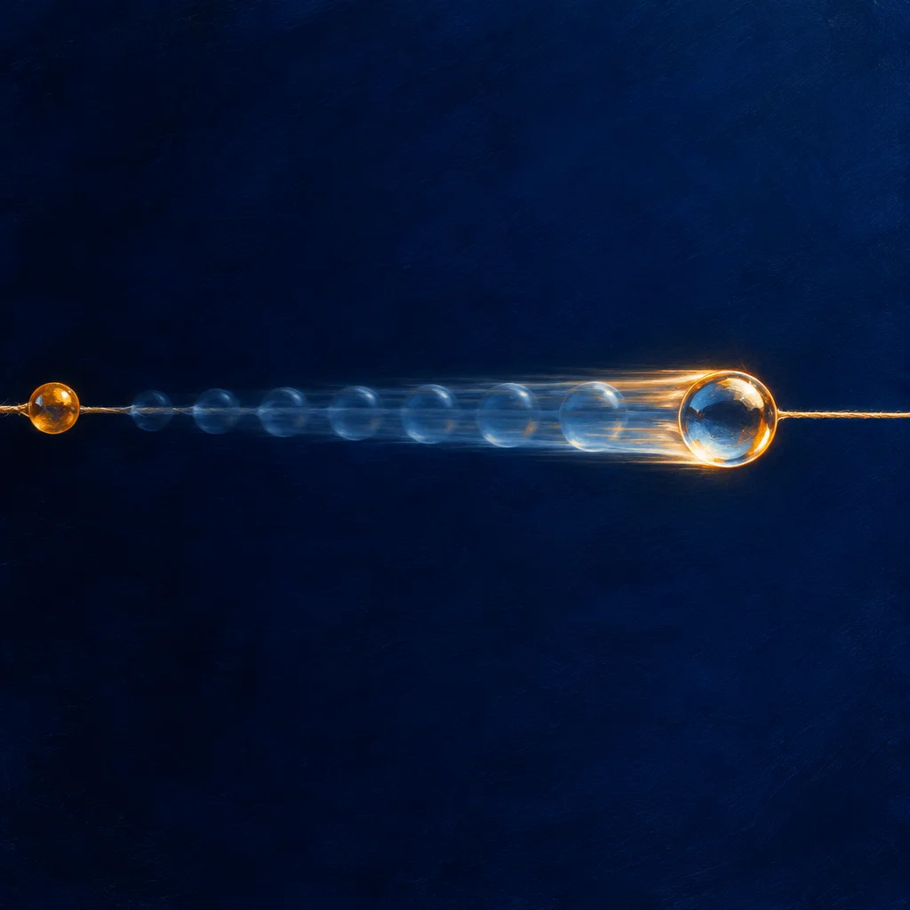 Editorial illustration: A small amber glass bead on the left of a fine wire gives way to a motion-blurred progression of increasingly larger translucent blue spheres culminating in a large glowing crystal sphere on the right, all set against a deep navy background.