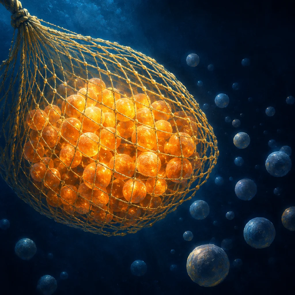 Editorial illustration: A large rope net holds dozens of tightly packed glowing orange-amber spheres against a deep blue background, while smaller matte blue-gray spheres drift freely outside the net in the surrounding dark space.
