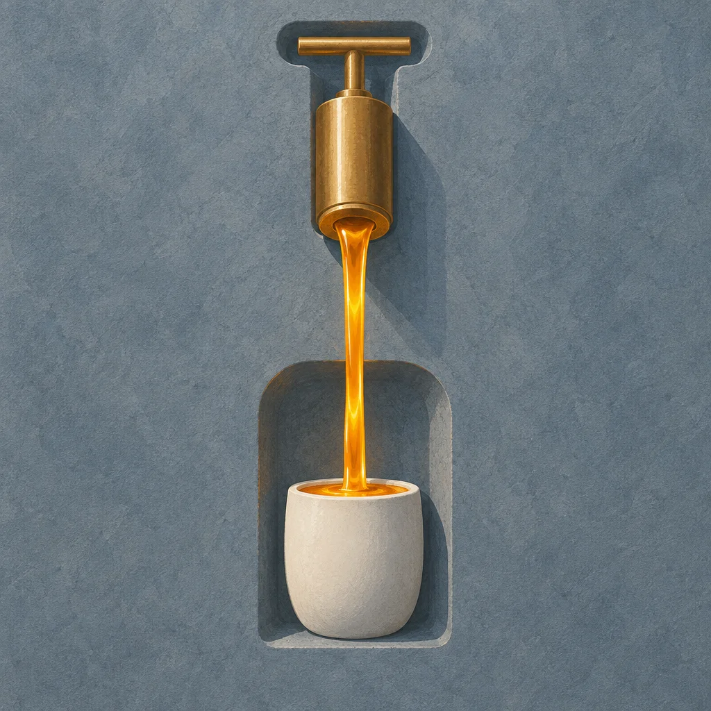 Editorial illustration: A polished 3D editorial illustration of a brass wall-mounted pump dispenser set into a grey concrete wall, dispensing a bright glowing amber liquid stream downward into a small white ceramic cup seated in a recessed alcove below it.