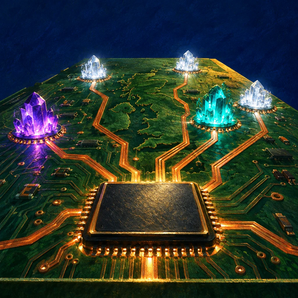 Editorial illustration: A stylized 3D editorial illustration of a green circuit board viewed from a low angle, featuring a central dark processor chip with gold pin rows, connected by glowing amber circuit traces to five clusters of luminous crystals in white, purple, teal, and cyan tones, set against a deep blue background.