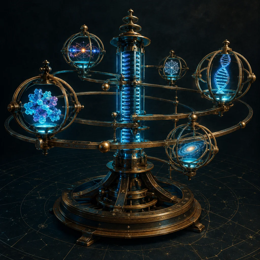 Editorial illustration: A stylized brass orrery with a glowing blue central cylindrical column supports four orbiting armillary spheres, each containing a different luminous scientific hologram: a DNA double helix, a molecular cluster, a spiral galaxy, and an atomic or network diagram, all set against a dark background on a star-mapped surface.