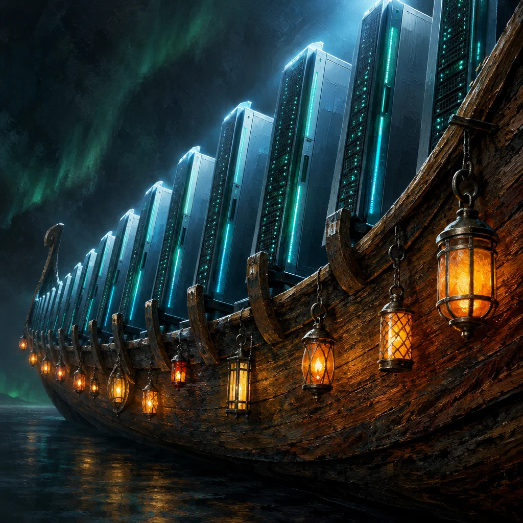 Editorial illustration: A stylized editorial illustration of a dark wooden Viking longship hull stretching into the distance, its gunwales lined with rows of tall glowing blue-lit server racks, with warm amber lanterns hanging along the hull and green aurora borealis lighting the night sky above dark water.