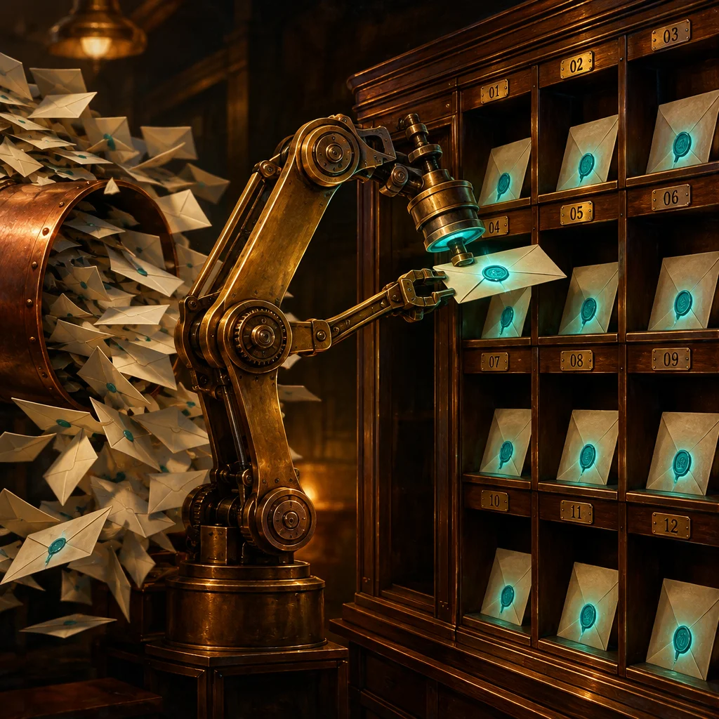 Editorial illustration: A polished steampunk-style brass robotic arm mounted on a pedestal places a glowing teal-sealed envelope into a numbered wooden cubbyhole cabinet while a flood of similar envelopes pours from a large copper tube on the left, in warm amber interior lighting.