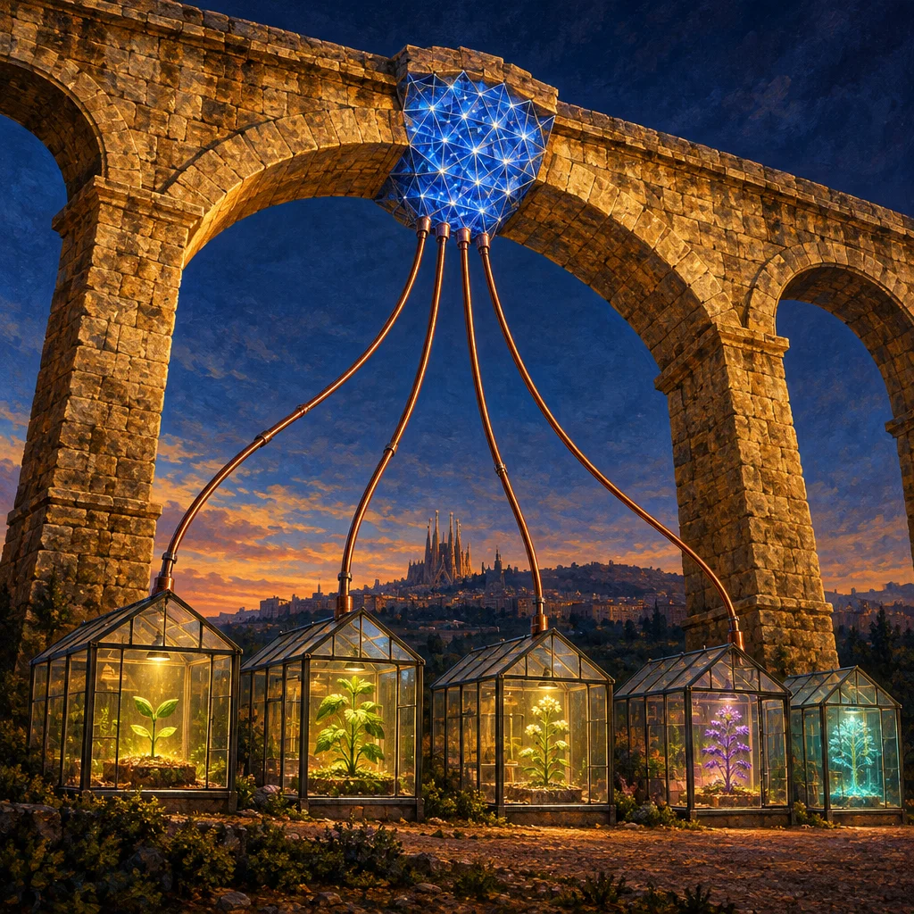 Editorial illustration: A stylized editorial illustration of a Roman stone aqueduct at dusk with a glowing blue geodesic sphere mounted at its apex, from which five copper pipes descend and connect to five small glass greenhouse structures below, each containing a luminously lit plant in a different color, with the distant silhouette of the Sagrada Familia visible on the horizon.
