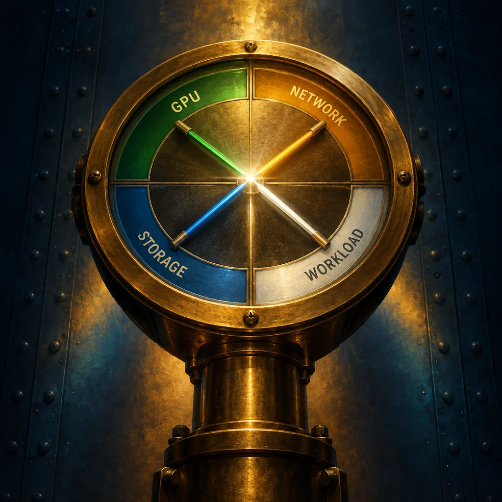 Editorial illustration: A polished brass circular gauge mounted on a cylindrical pedestal displays four color-coded arc segments labeled GPU in green, Network in amber, Storage in blue, and Workload in silver-white, with four glowing needle pointers converging at the center from each quadrant, set against a dark riveted metal wall.