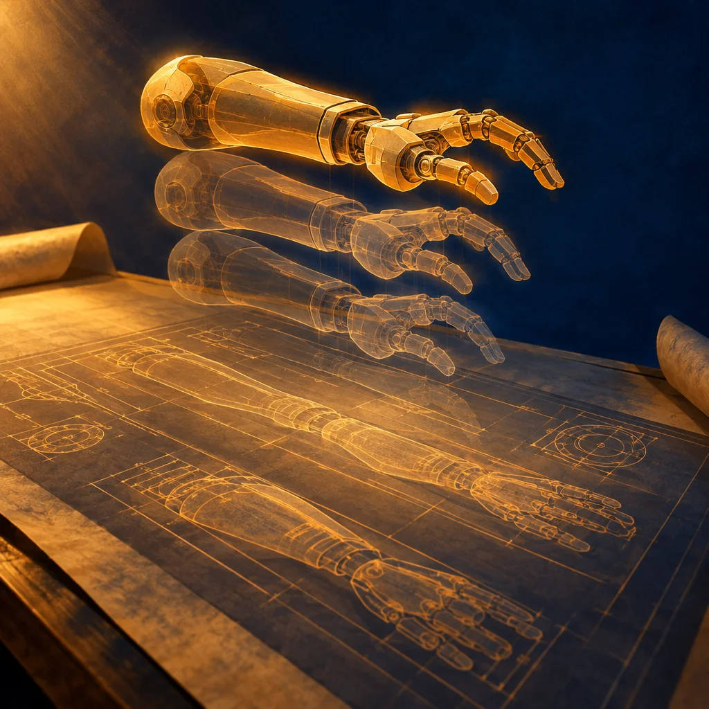 Editorial illustration: A glowing golden mechanical robotic arm and hand floats above an aged blueprint scroll laid on a wooden surface, with two translucent ghost versions of the arm descending between the solid model and the flat technical schematic below, rendered in warm amber light against a dark blue background.