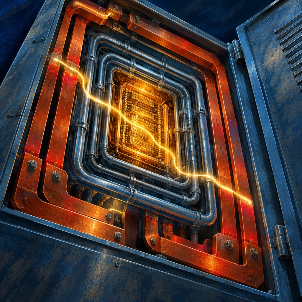 Editorial illustration: A stylized editorial illustration of a heavy industrial metal door opened to reveal multiple concentric rectangular frames of thick steel pipes and copper-toned conduits leading inward to a blazing golden server core, with a jagged electrical discharge bolt cutting diagonally across the nested layers.