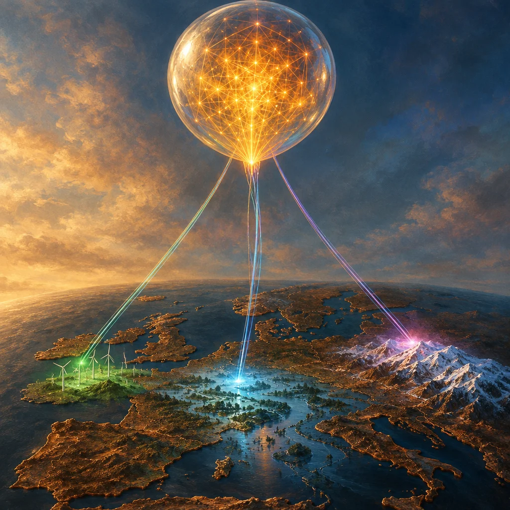 Editorial illustration: A stylized editorial illustration of a transparent glowing sphere containing a golden neural-network lattice floating high above a curved aerial view of Europe, with four colored light beams descending to connect wind turbines on a green island, a forested river basin, a coastal city, and a snow-capped mountain range.