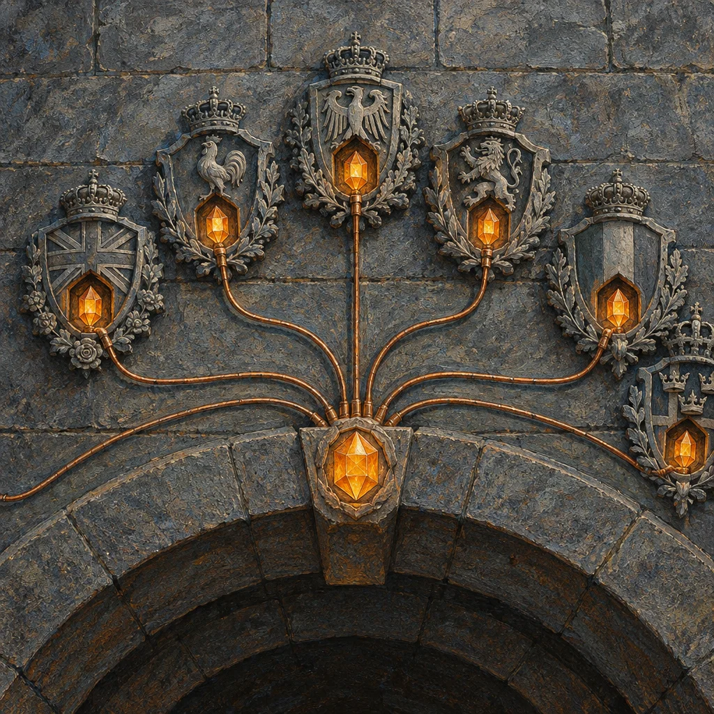 Editorial illustration: A stylized stone castle wall above an arched gateway displays six heraldic shields including a Union Jack, a rooster, a black eagle, a lion rampant, a striped shield, and a three-crown shield, each mounted with a glowing amber crystal lantern connected by branching copper pipes to a larger central glowing amber crystal set into the keystone above the arch.