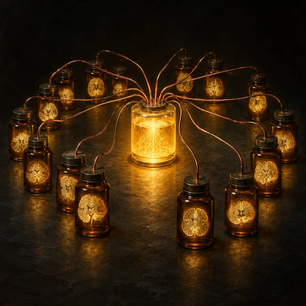 Editorial illustration: A glowing clear central jar emits warm golden light and connects via curved copper tubes to approximately 18 surrounding amber glass jars arranged in a semicircle, each displaying an illuminated cross-section of a human brain, all set on a dark reflective stone surface.