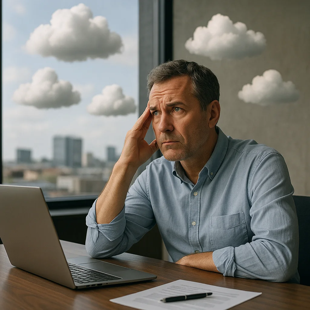 A middle-aged man in a blue button-down shirt sits at a wooden desk with a laptop and document, hand pressed to his temple in a worried expression, with stylized white clouds floating both outside the window and inside the room against a concrete wall.