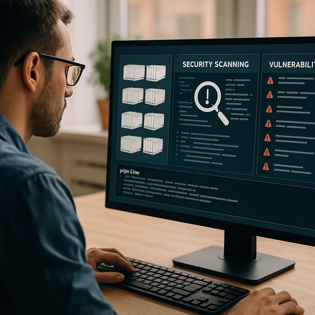 A man with glasses sits at a desk viewing a dark-themed monitor displaying panels labeled 'Security Scanning' and 'Vulnerability' with container icons, a magnifying glass alert symbol, warning triangles, and pipeline text.