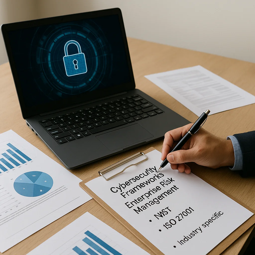 A hand holding a pen over a clipboard listing cybersecurity frameworks including NIST and ISO 27001, beside a laptop displaying a digital padlock icon and scattered data charts on a wooden desk.