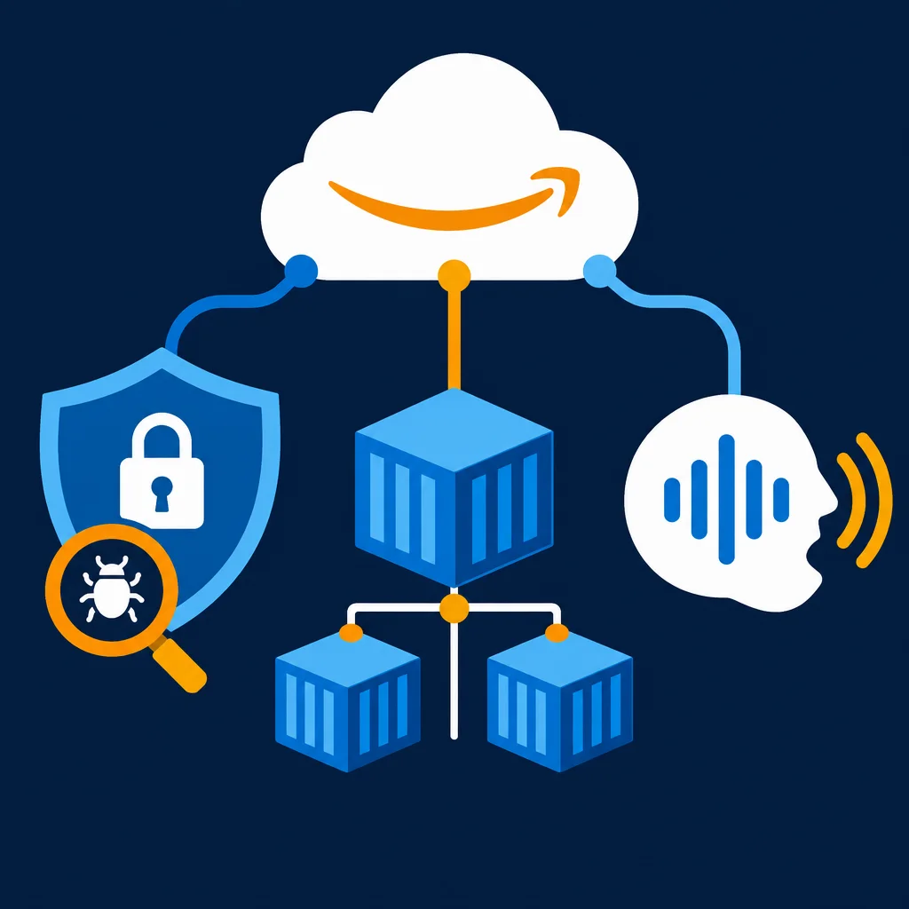 Editorial illustration: A dark navy blue illustration showing an Amazon-branded white cloud at the top connected by blue lines to a central blue shipping container icon, which branches down to two smaller container icons, with a blue security shield bearing a padlock and a bug-magnifier on the left and a white speech bubble head with audio waveform and yellow sound waves on the right.