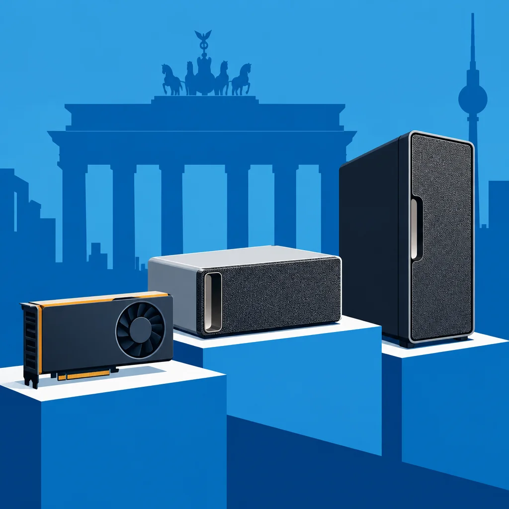 Editorial illustration: A stylized blue illustration of a GPU card, a compact desktop computer, and a tower server displayed on white podiums in front of a silhouetted Berlin skyline including the Brandenburg Gate and Fernsehturm.