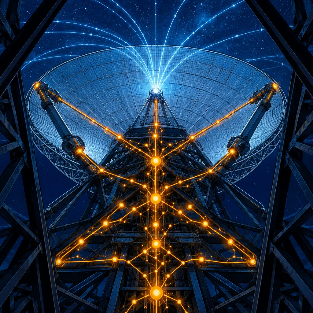 Editorial illustration: A stylized editorial illustration viewed from directly below a large radio telescope dish at night, with amber glowing neural-network nodes and connecting lines ascending the steel lattice support structure, while multiple blue light beams radiate outward from the dish focal point into a star-filled deep blue sky.